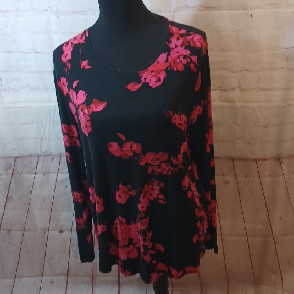 Apt9 Floral BurnOut Long Sleeve  Cotton Crew Neck Top XL